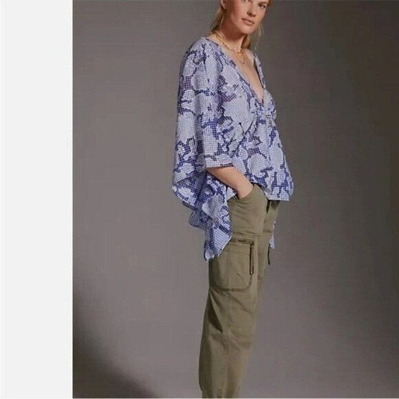 ANTHROPOLOGIE Tie Front Blue Floral Gingham Caftan One Size NEW - Picture 6 of 8